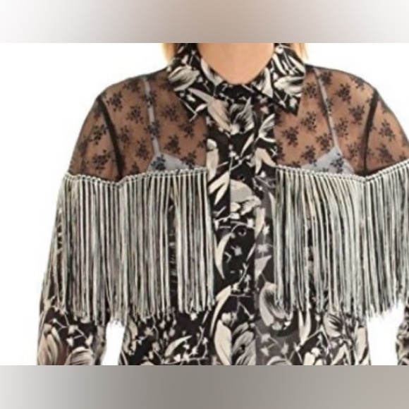 NWT ANNA SUI x INC International Concepts Black and Cream Floral Fringe Blouse - Picture 8 of 8